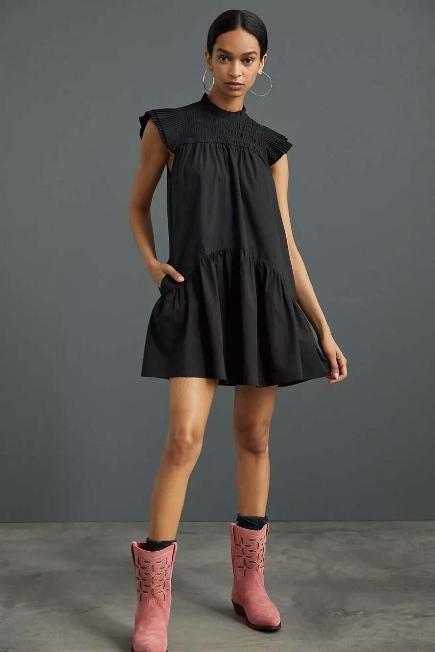 Love the Label Black Cotton Flutter Ruffle Sleeve Tiered Dress Women’s large
